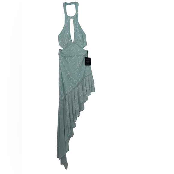 Mac Duggal 11274 Halter Neckline Asymmetrical Dress, Aqua Size: 8 100% Authentic - Picture 8 of 9